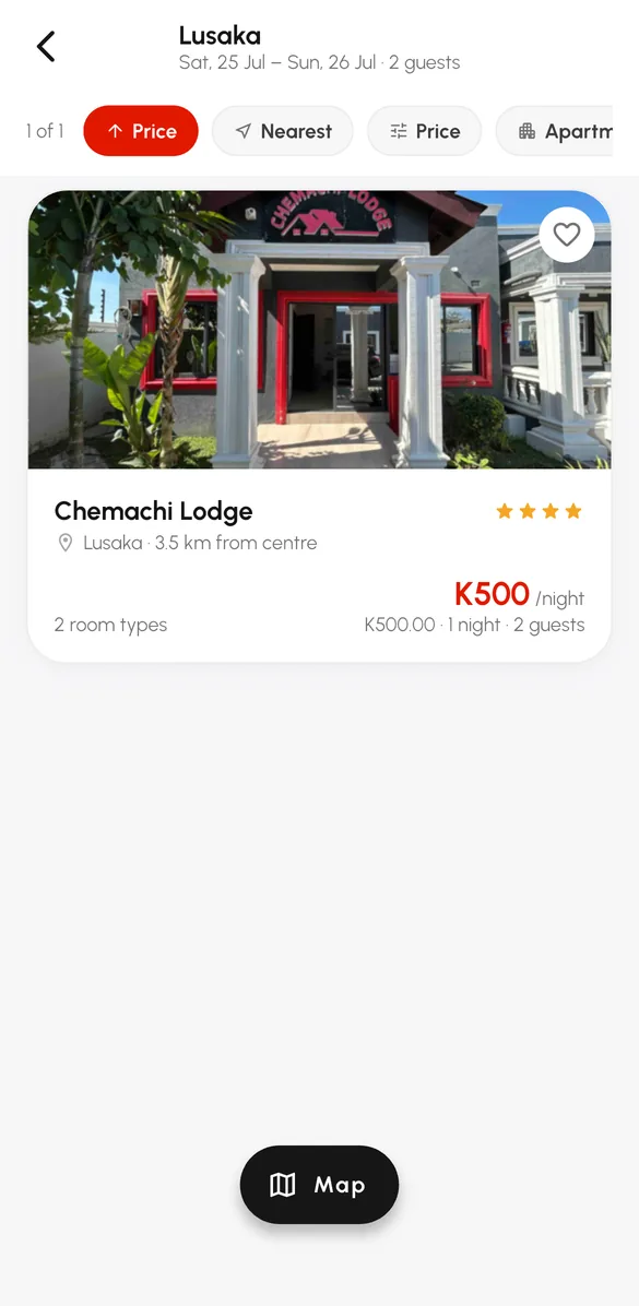 A lodge listing in the ZamTicket app with photo, rating, distance from the centre and nightly rate
